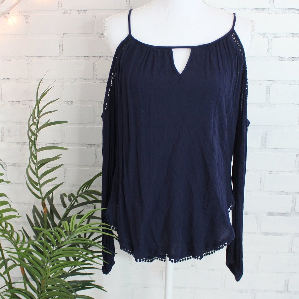 Cape Juby Navy Blue Peek a Boo Shoulder Flowy Top